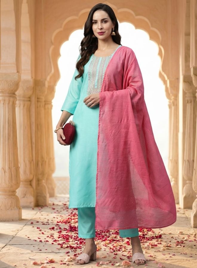 Yuris Tuquoise Blue Embroidered, Three Quarter Sleeve, Round Embroidered Neck, Straight Kurta Set, Side Slit with Solid Dupatta - Image 3