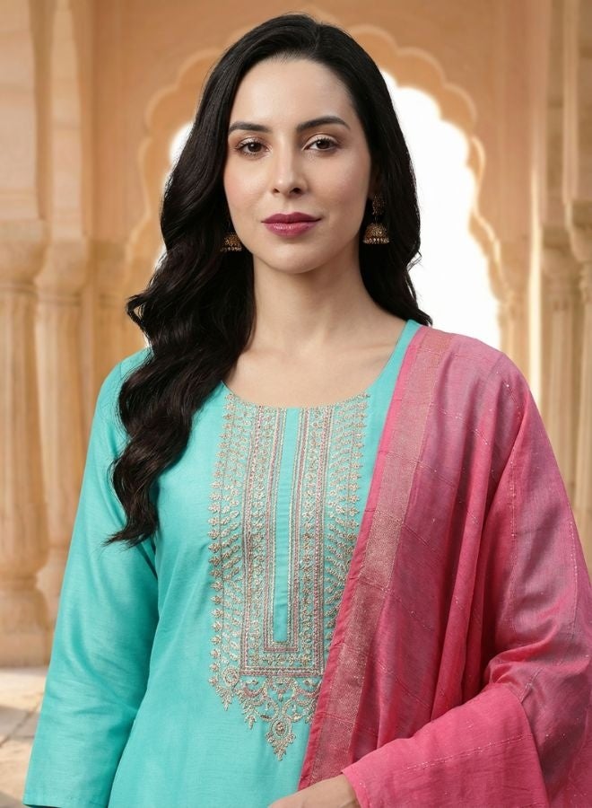 Yuris Tuquoise Blue Embroidered, Three Quarter Sleeve, Round Embroidered Neck, Straight Kurta Set, Side Slit with Solid Dupatta - Image 2