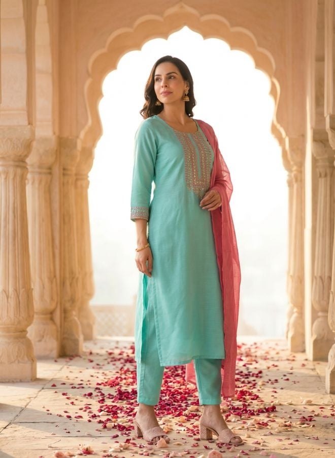 Yuris Tuquoise Blue Embroidered, Three Quarter Sleeve, Round Embroidered Neck, Straight Kurta Set, Side Slit with Solid Dupatta - Image 4