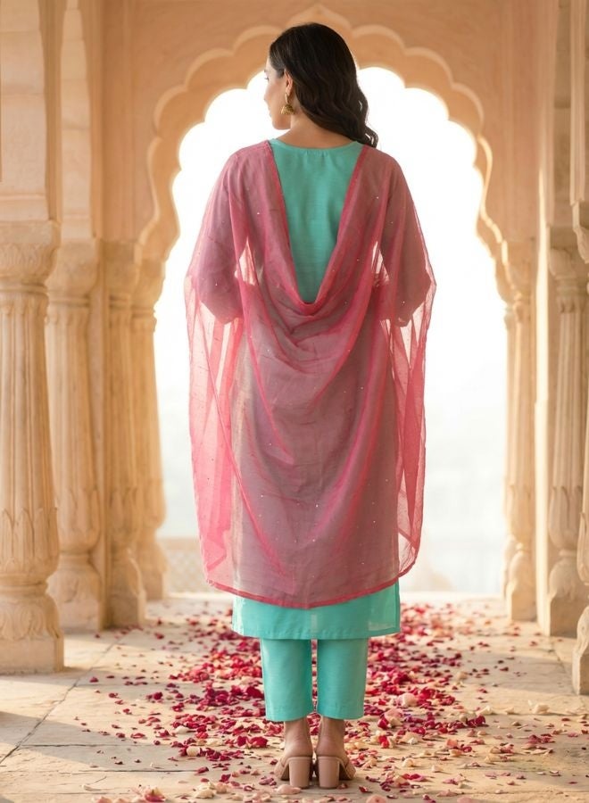 Yuris Tuquoise Blue Embroidered, Three Quarter Sleeve, Round Embroidered Neck, Straight Kurta Set, Side Slit with Solid Dupatta - Image 5