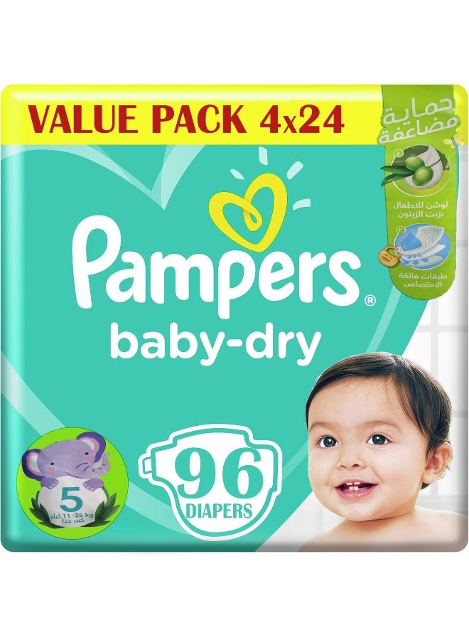 بامبرز حفاضات بامبرز بيبي دراي مع لاصق، الحجم 5، 11-25 كجم، لوشن للأطفال مع زيت الزيتون، 96 حفاضة - Image 1