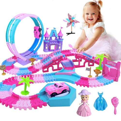 Yomwet 178 PCS Track Toy Pink Racing Tracks Toys for 3 4 5 6 Year Old Girls Flexible Tracks Car Magic Bendable Race Track Princess Toys with Light Music for Toddlers Kids and Girl Xmas Birthdays Gifts - Image 1