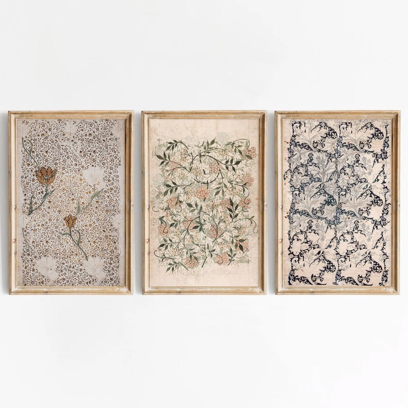 Tanmart Vintage William Morris Wall Art Decor Boho Floral Botanical Canvas Pictures Abstract Neutral Flower Prints Vintage Farmhouse Artwork Painting for Living Room Bedroom 16x24 Inch Unframed Set of 3 - Image 1