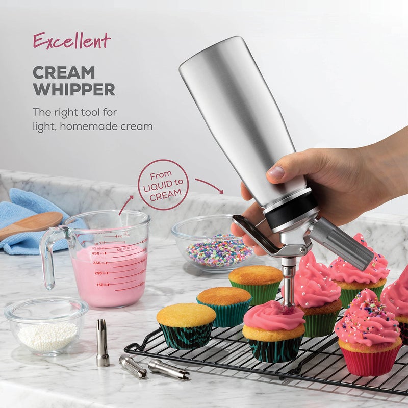 FINEDINE Aluminum Whipped Cream Dispenser with 3 Nozzles, Brush & Recipe Guide  - Image 2