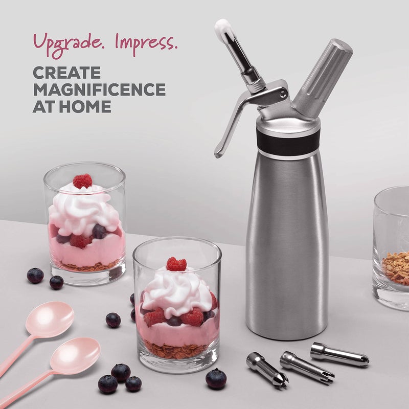 FINEDINE Aluminum Whipped Cream Dispenser with 3 Nozzles, Brush & Recipe Guide  - Image 3