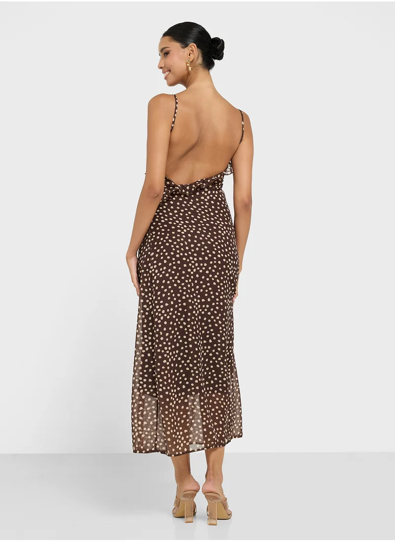 جينجر Strappy Polka Dot Ruffle Detail Dress