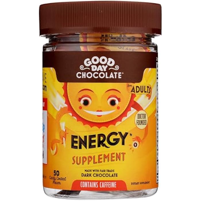 GOOD DAY CHOCOLATE مكملات الطاقة بالشوكولاتة من جود داي للبالغين [50 حبة] شوكولاتة كافيين تجارة عادلة مع فيتامينات ب، مستخلصات الشاي الأخضر و 20 ملغ كافيين لكل قطعة - معزز للطاقة للنساء والرجال - Image 1