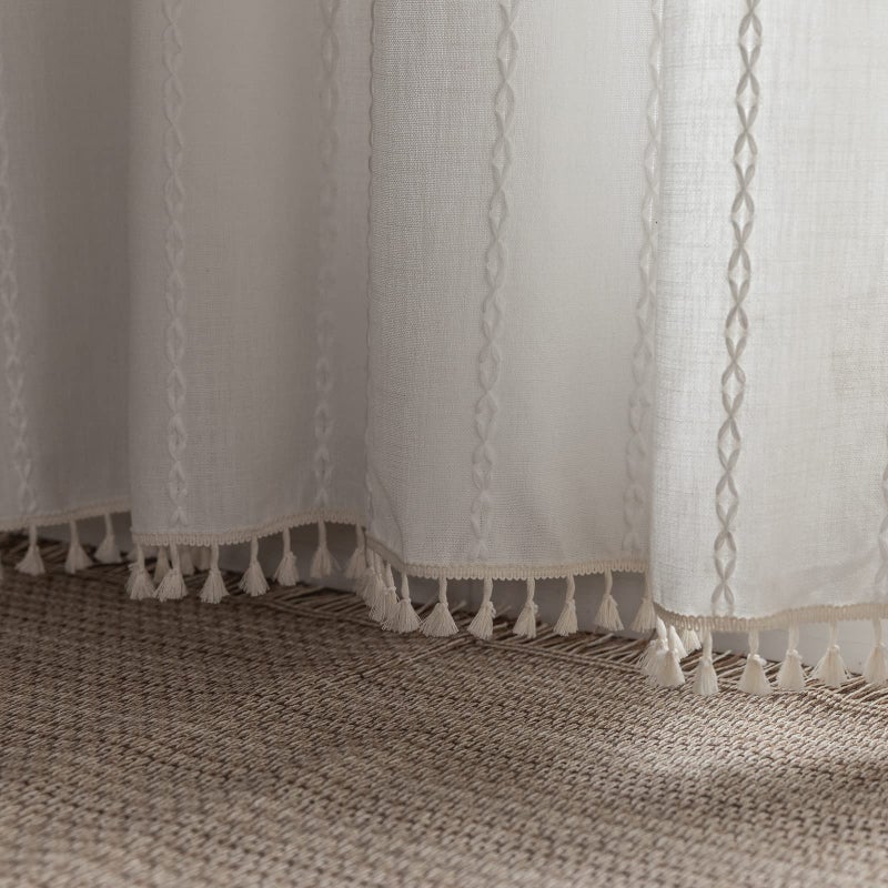 Roomtalks White Modern Farmhouse Textured Curtains For Bedroom Living Room 63L X 52W Light Filtering French Country Boho Chic Tassel Window Curtain Panels Striped Bohemian Draperies - Image 3