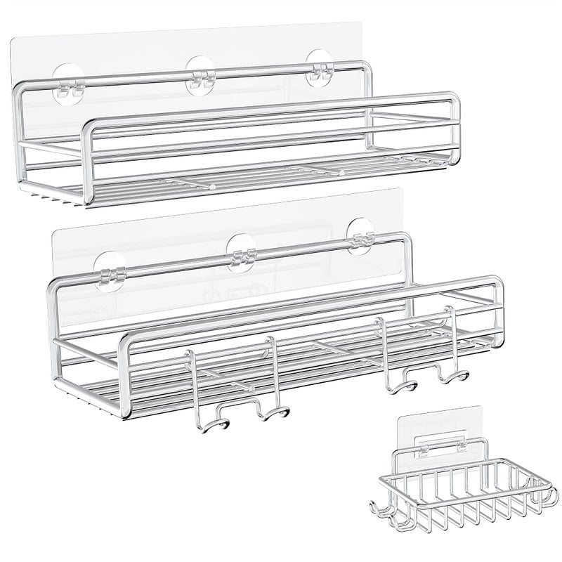 Moforoco 3-Pack Shower Caddy Basket Shelf with Soap Holder, No Drilling Traceless Adhesive Shower Wall Shelves, Rustproof Black Bathroom Shower Storage Organizer - Image 2