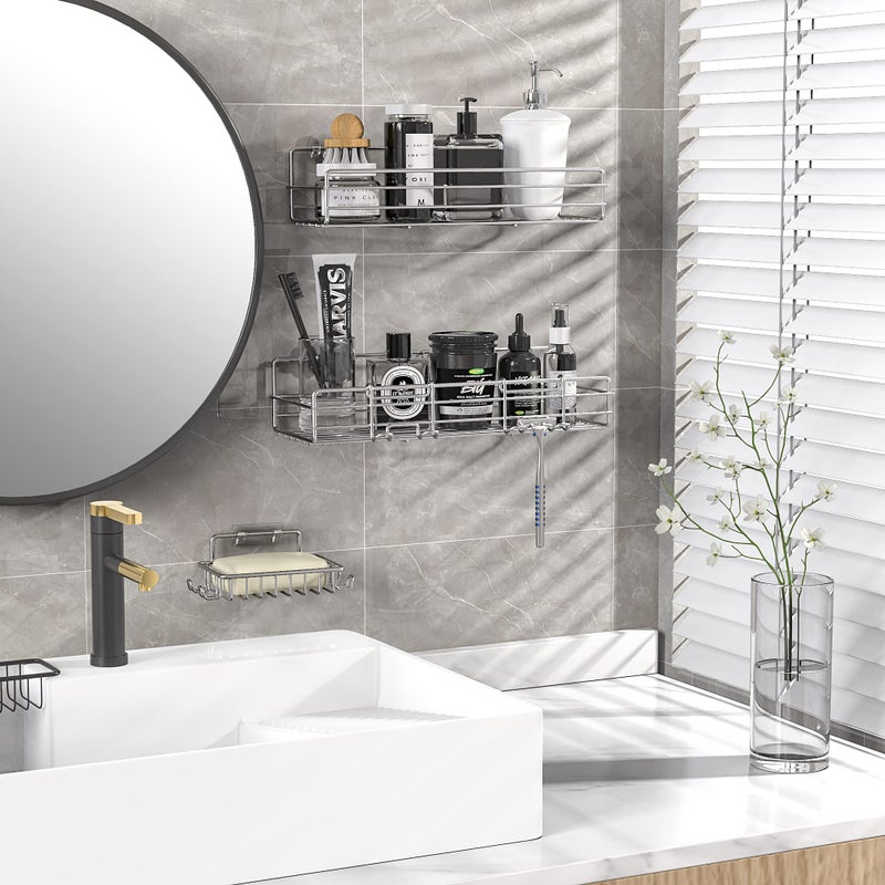 Moforoco 3-Pack Shower Caddy Basket Shelf with Soap Holder, No Drilling Traceless Adhesive Shower Wall Shelves, Rustproof Black Bathroom Shower Storage Organizer - Image 5