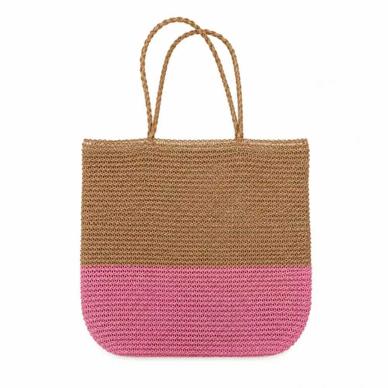 Hand Woven Natural Raffia Paper Straw Ladies Bag With Strong Braided Handles- Pink and Brown