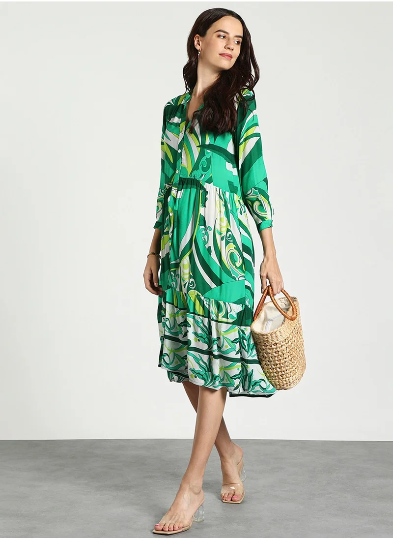 Couturelabs Green A-Line Abstract Printed Midi Dress