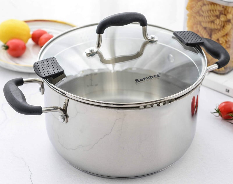 Rorence Stainless Steel Stock Pot with Lid 6 Quart Stockpot Pasta Pot with Two Side Spouts capsule Bottom Strainer Glass Lid