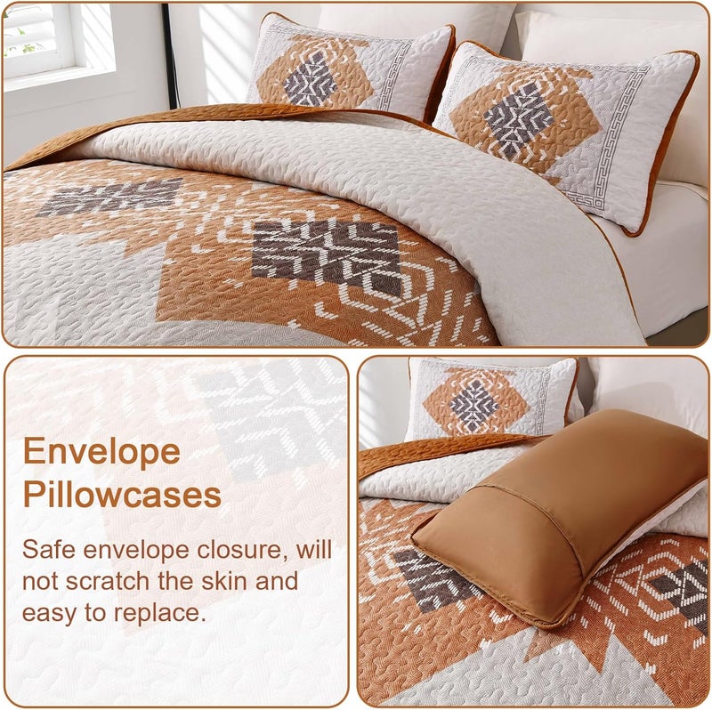 Dintszyayue Burnt Orange Quilt Set Boho California King Size,3 Piece Aztec Texture Bedspread Coverlet Set Soft Lightweight Bedding Set Terracotta Quilt with 2 Pillowcases(Terracotta,96"x112") - Image 4