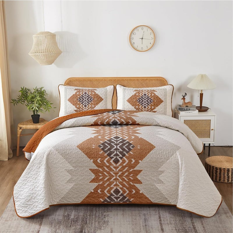 Dintszyayue Burnt Orange Quilt Set Boho California King Size,3 Piece Aztec Texture Bedspread Coverlet Set Soft Lightweight Bedding Set Terracotta Quilt with 2 Pillowcases(Terracotta,96"x112") - Image 1
