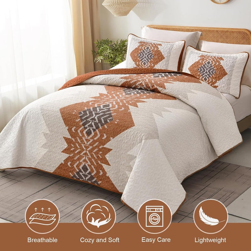 Dintszyayue Burnt Orange Quilt Set Boho California King Size,3 Piece Aztec Texture Bedspread Coverlet Set Soft Lightweight Bedding Set Terracotta Quilt with 2 Pillowcases(Terracotta,96"x112") - Image 2