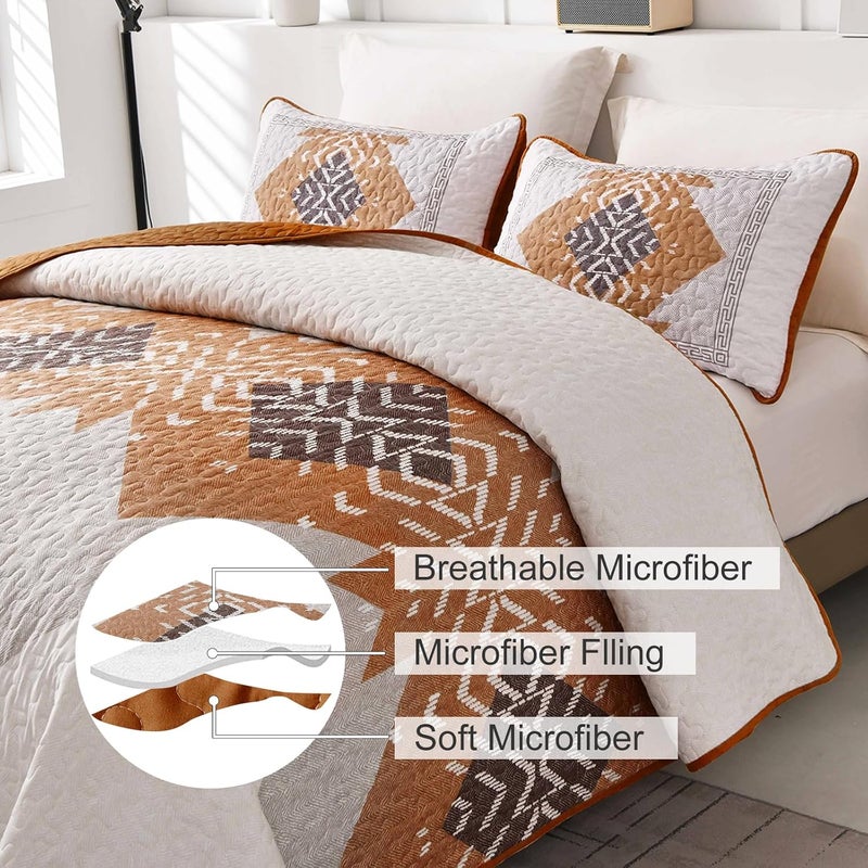 Dintszyayue Burnt Orange Quilt Set Boho California King Size,3 Piece Aztec Texture Bedspread Coverlet Set Soft Lightweight Bedding Set Terracotta Quilt with 2 Pillowcases(Terracotta,96"x112") - Image 5