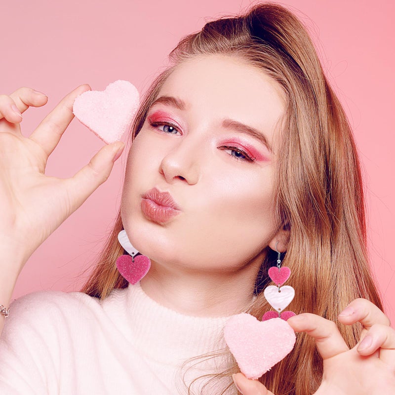 Nylry Valentines Earrings for Women Dangle Heart Earrings for Women Love Acrylic Earring Conversation Pink Red Heart Shaped Earring Valentine jewelry Accessories Valentines Day Gifts for Her-Pink - Image 3