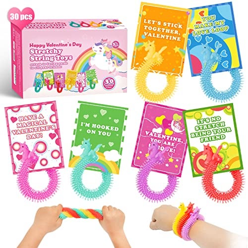 spring flower 30 Pack Valentines Day Cards for Kids with Unicorn Stretchy Strings for Classroom Valentines Gift Exchange For School Valentines Party Favor for Kids Valentines Prizes Stress Relief Fidget Toys - Image 1