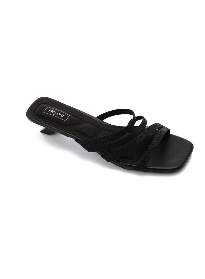 DejaVu Open Toecap Mid Heel Black Slippers  - Image 5