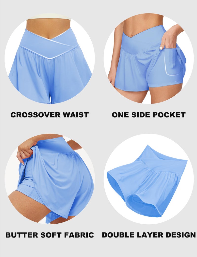 FireSwan Crossover Athletic Shorts for Women 2 in 1 Flowy Running Shorts with Pockets Spandex Butterfly Workout Tennis Skorts Baby Blue - Image 4