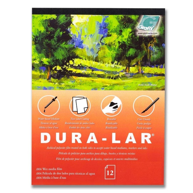 Grafix Dura-Lar 004” Film Coated to Accept Water Based Mediums, Perfect for Watercolor, Planning Compositions, Painting Surfaces or Printmaking, 9 x 12, Wet Media, 12 Count - Image 1