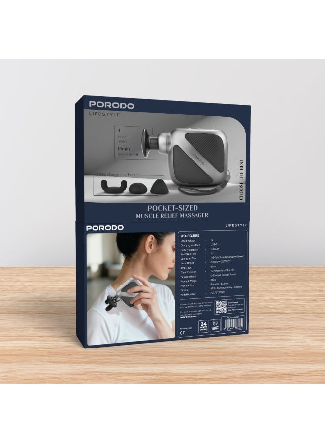 porodo Lifestyle Pocket Sized Muscle Relief Massager, Portable Pain Relief Massager with 3x Massage Heads / Up to 3200RPM Motor Speed / Timer Function / 4x Adjustable Speed Settings / USB-C Charging / Ergonomic Grip Design - Gray - Image 5