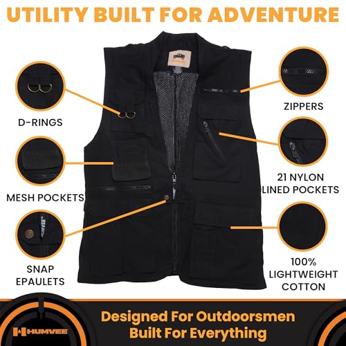 CampCo Humvee Photography Utility Vest with 21 Pockets - Perfect for Travel, Safari, Hunting, Camping & More. Shell: Poly& Cotton, Lining 100% Cotton, Pocket 100% Poly, Comfortable & Sturdy | Fishing Vest for Men & Women - Great Gift -Black - Image 2