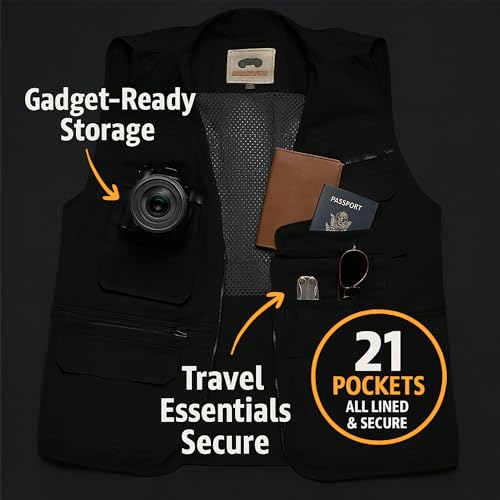CampCo Humvee Photography Utility Vest with 21 Pockets - Perfect for Travel, Safari, Hunting, Camping & More. Shell: Poly& Cotton, Lining 100% Cotton, Pocket 100% Poly, Comfortable & Sturdy | Fishing Vest for Men & Women - Great Gift -Black - Image 5