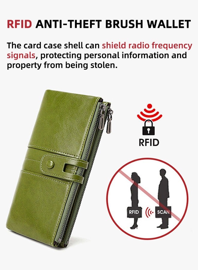 تشارم محفظة جلدية نسائية - حامل بطاقات RFID مع جيب بسحاب، محفظة مضادة للسرقة بسحاب مزدوج، محفظة طويلة باللون الأخضر - Image 3