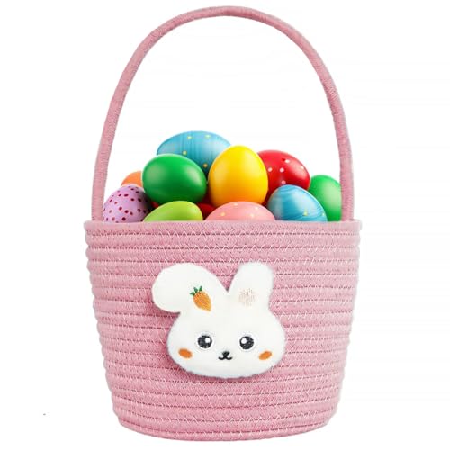 Poschnor Easter Basket for Kids, Easter Bunny Basket with Gift Bags and Ribbons, Woven Cotton Rope Egg Easter Baskets for Girls, Boys, Toddler, Babies, Pink - Image 1