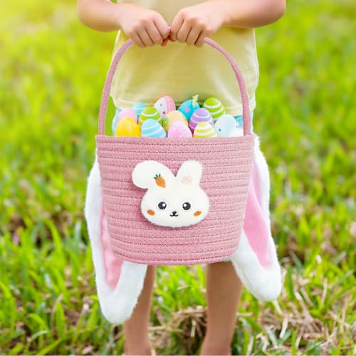 Poschnor Easter Basket for Kids, Easter Bunny Basket with Gift Bags and Ribbons, Woven Cotton Rope Egg Easter Baskets for Girls, Boys, Toddler, Babies, Pink - Image 2