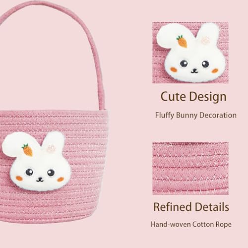 Poschnor Easter Basket for Kids, Easter Bunny Basket with Gift Bags and Ribbons, Woven Cotton Rope Egg Easter Baskets for Girls, Boys, Toddler, Babies, Pink - Image 5