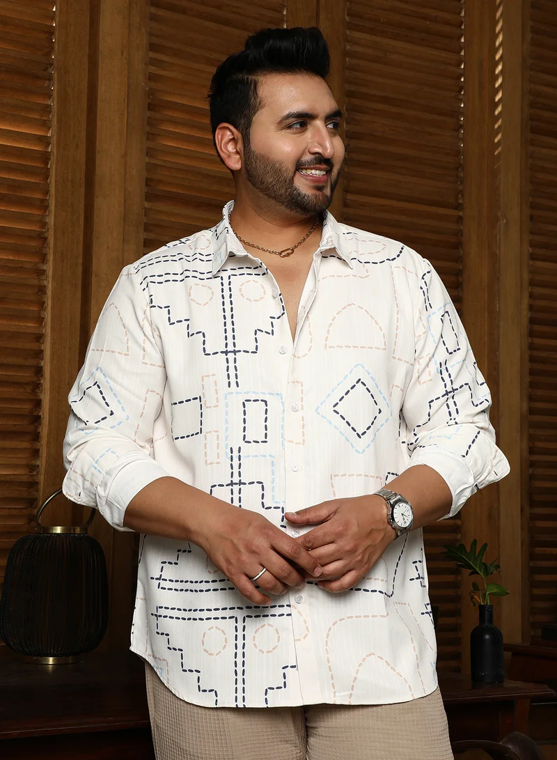Instafab Plus Instafab Plus Men's Off-White & Navy Blue Thread-Lines Shirt For Casual Wear | Spread Collar | Long Cuffed Sleeves | Button Closure | Plus Size Shirt Crafted With Comfort Fit For Everyday Wear
