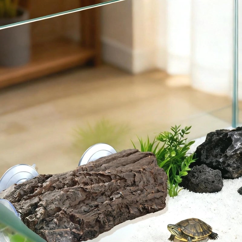 Turtle Tank Basking Platform, Reptile Island with Artificial Bark, Inclined Ladder, Resin Decor, Suction Cups, Resting, Climbing, Hiding, 8.3 X 4.7 X 1.6 in - Image 4
