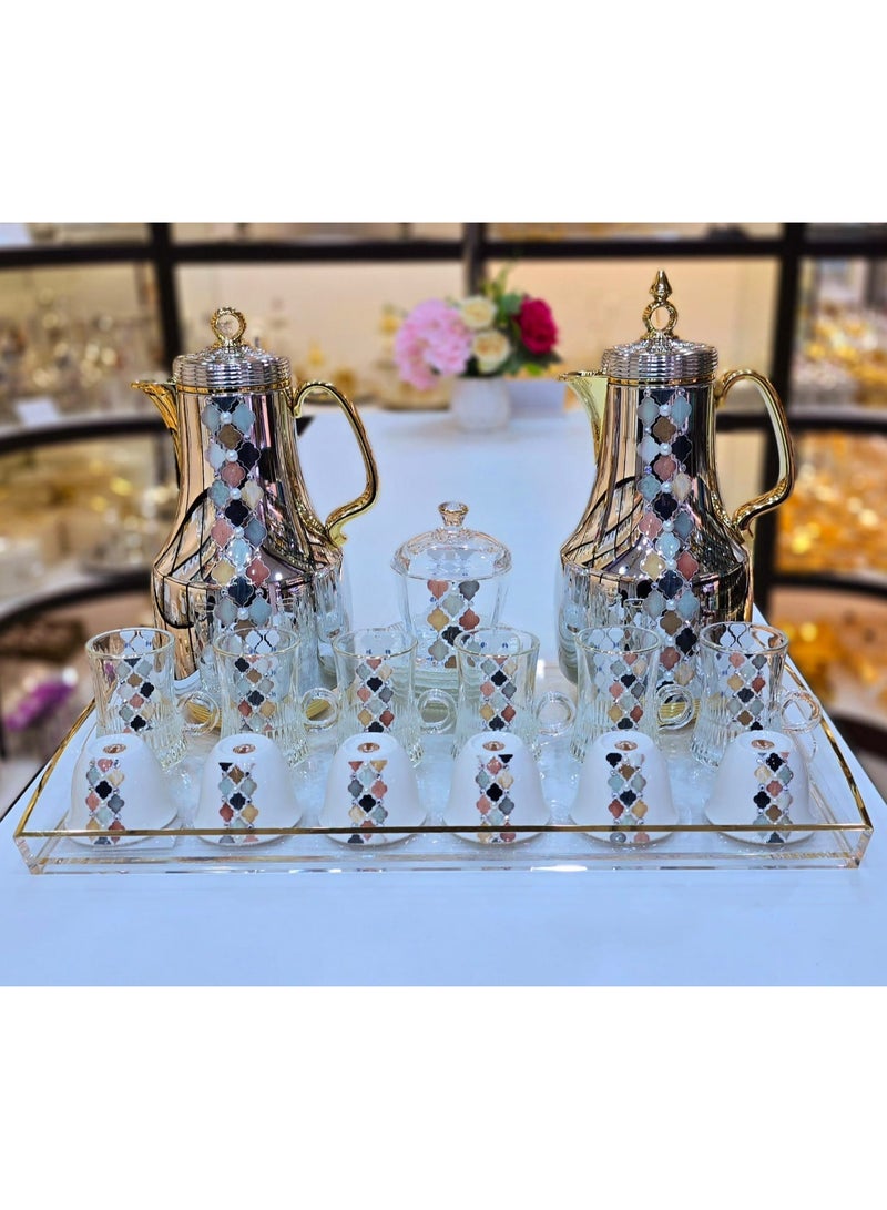 رادین طقم شاي وقهوة حصري مكون من 22 قطعة مثالي لرمضان كريم 2 قوارير ترمس 6 أكواب شاي مع صحون 6 فناجين قهوة 1 صينية أكريليك 1 وعاء سكر مجموعة جديدة