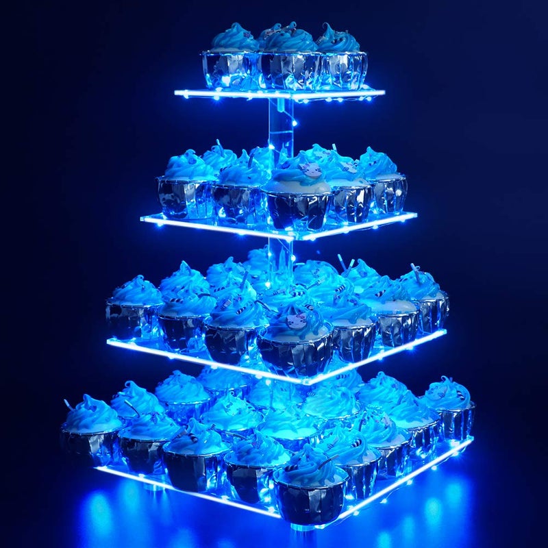 YestBuy 4 Tier Acrylic Cupcake Stand Afternoon Tea Cake Stand Large Cupcake Stand Cupcake Tower Cupcake Holder for Pastry LED Light String Ideal for Weddings Birthday Bar Party Dcor Blue Light
