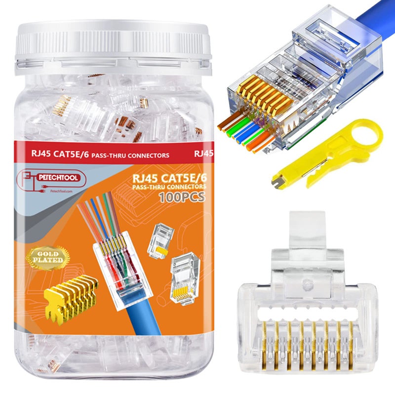PETECHTOOL RJ45 CAT6 Connector End Pass Through Ethernet Cat6 Ends 8P8C Modular Plug for Solid or Stranded UTP Ethernet Cable 100 Packs with Wire Stripper - Image 2