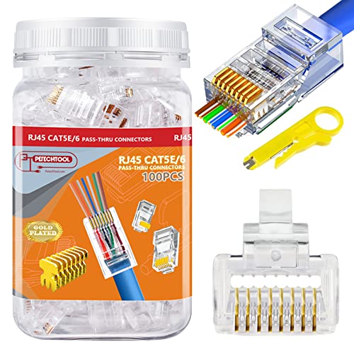 PETECHTOOL RJ45 CAT6 Connector End Pass Through Ethernet Cat6 Ends 8P8C Modular Plug for Solid or Stranded UTP Ethernet Cable 100 Packs with Wire Stripper - Image 1