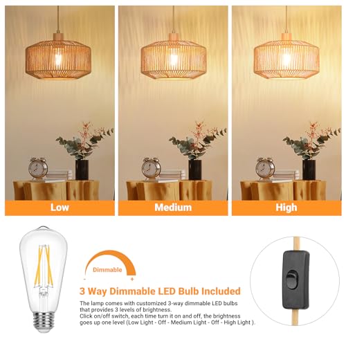 Qingmiao Boho Plug in Pendant Light, Rattan Hanging Lamp Plug in with Woven Shade, 3-Way Dimmable Hanging Light Fixture for Living Room Bedroom Kitchen Ceiling Farmhouse Home Decor - Image 3
