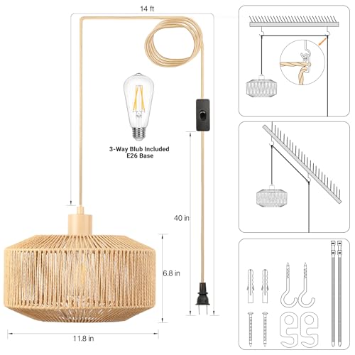 Qingmiao Boho Plug in Pendant Light, Rattan Hanging Lamp Plug in with Woven Shade, 3-Way Dimmable Hanging Light Fixture for Living Room Bedroom Kitchen Ceiling Farmhouse Home Decor - Image 2