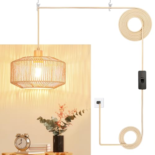 Qingmiao Boho Plug in Pendant Light, Rattan Hanging Lamp Plug in with Woven Shade, 3-Way Dimmable Hanging Light Fixture for Living Room Bedroom Kitchen Ceiling Farmhouse Home Decor - Image 1