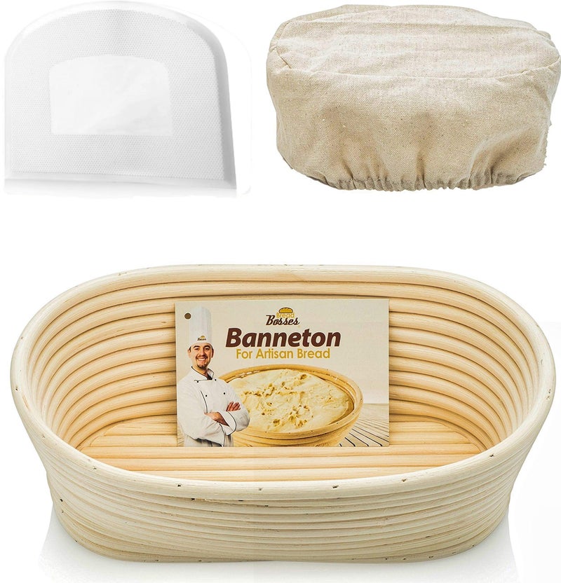 Bread Bosses Oval Bread Banneton Proofing Basket  10 Inch Baskets Sourdough Brotform Proofing Basket Set Banaton Towel for Baking Oval Proofing for Sourdough Bread Making Starter Jar Kit  Great As A Gift 