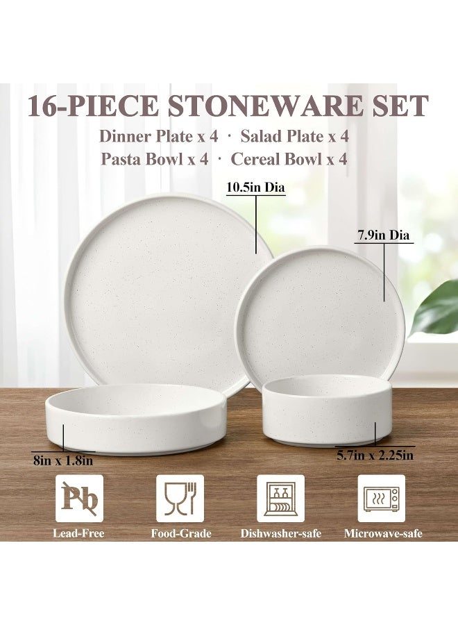 Herogo Dinnerware Sets with Pasta Bowls 16 Piece Plates and Bowls Set for 4 Stoneware Dinner Dishes for Kitchen Dinning Dishwasher Microwave Safe Speckled White - Image 2