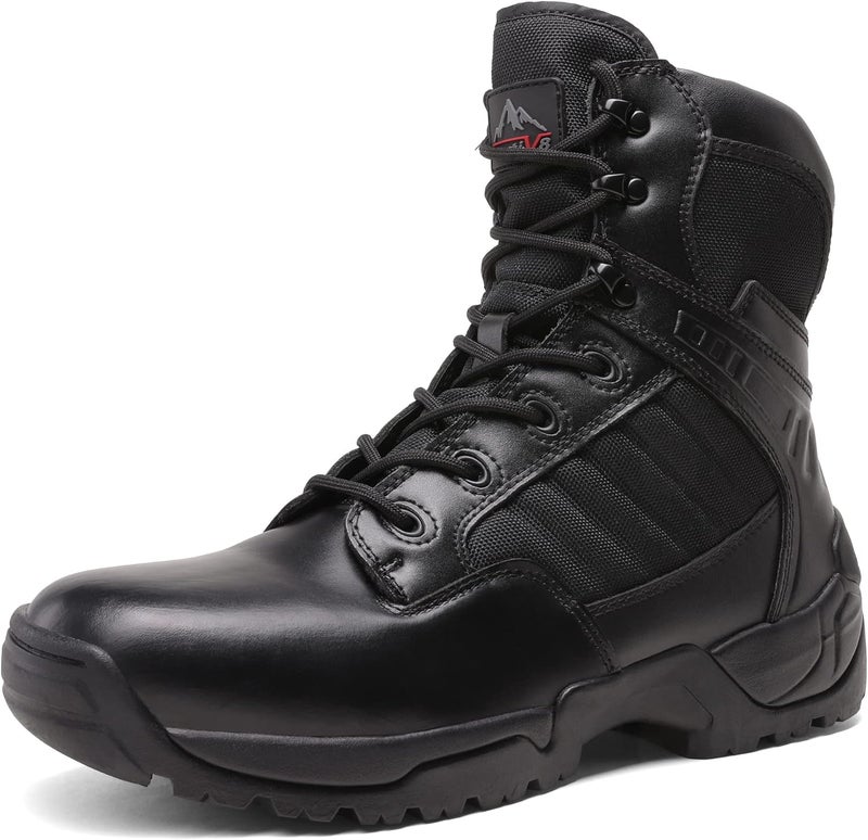 NORTIV 8 Men's Military Tactical Work Boots with Side Zipper - Black Leather, 8 Inches - Image 1