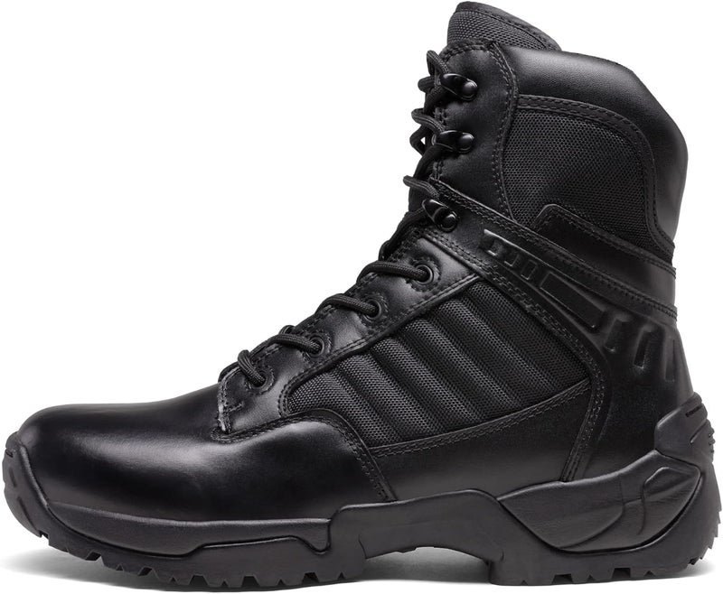 NORTIV 8 Men's Military Tactical Work Boots with Side Zipper - Black Leather, 8 Inches - Image 3