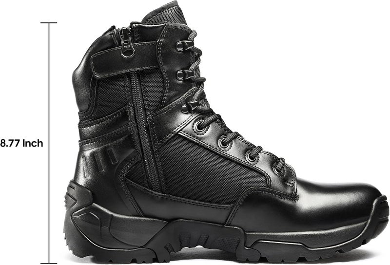 NORTIV 8 Men's Military Tactical Work Boots with Side Zipper - Black Leather, 8 Inches - Image 2