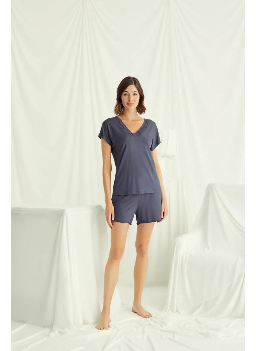 Monamise Women's V-Neck Short Sleeve Shorts Pajama Set-Navy Blue