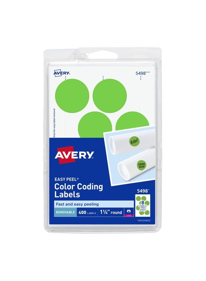 AVERY 5498 Removable Print or Write Color Coding Labels for Laser Printers, 1-1/4" Round - Neon Green (Pack of 400)  - Image 1