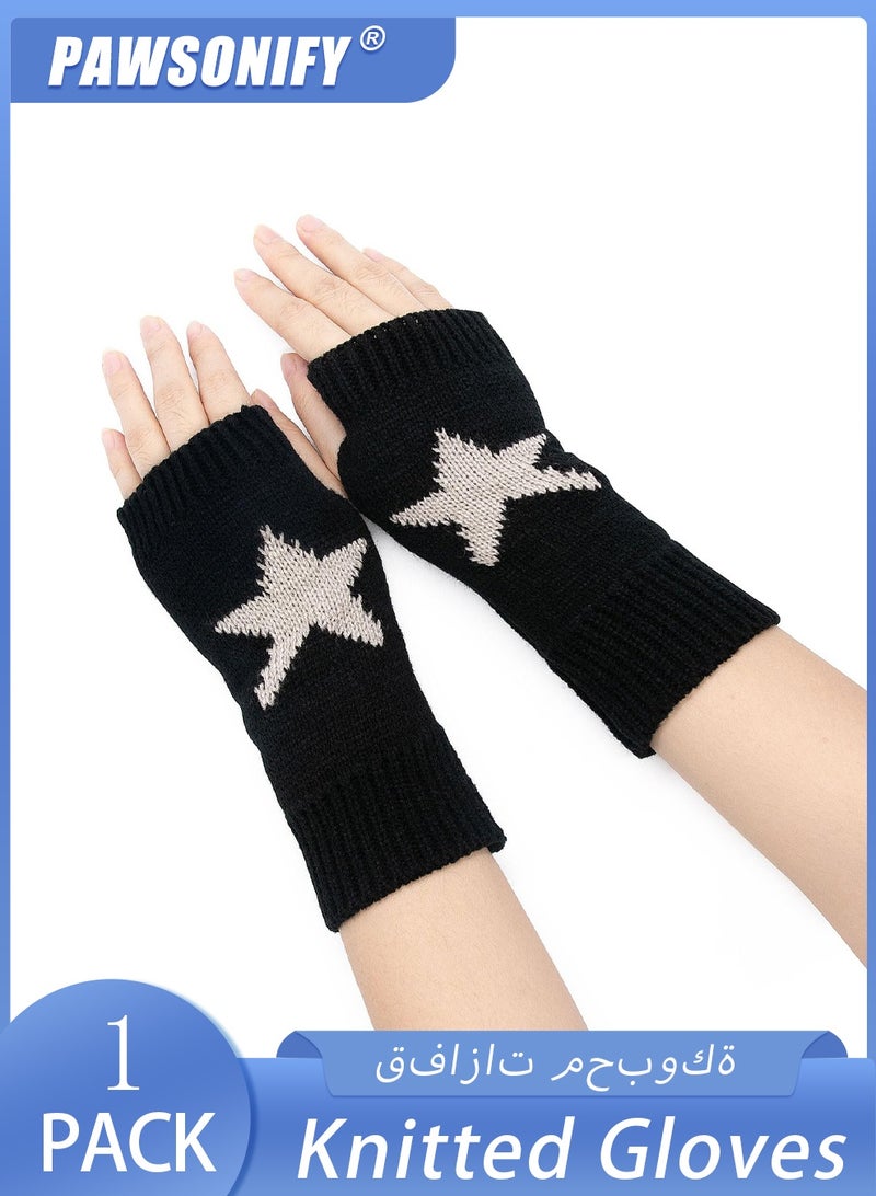 PAWSONIFY Fingerless Star Printed Knitted Gloves - Wrist Warmers Mittens Knitted Gloves for Women Men Typing - Image 1